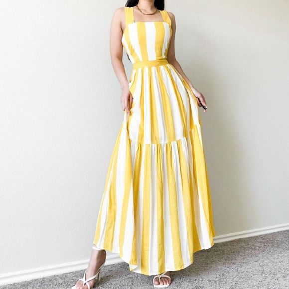 Ann Taylor Dresses & Skirts - Ann Taylor Yellow White Striped Pleated Flared Casual Maxi Sundress Dress Size L